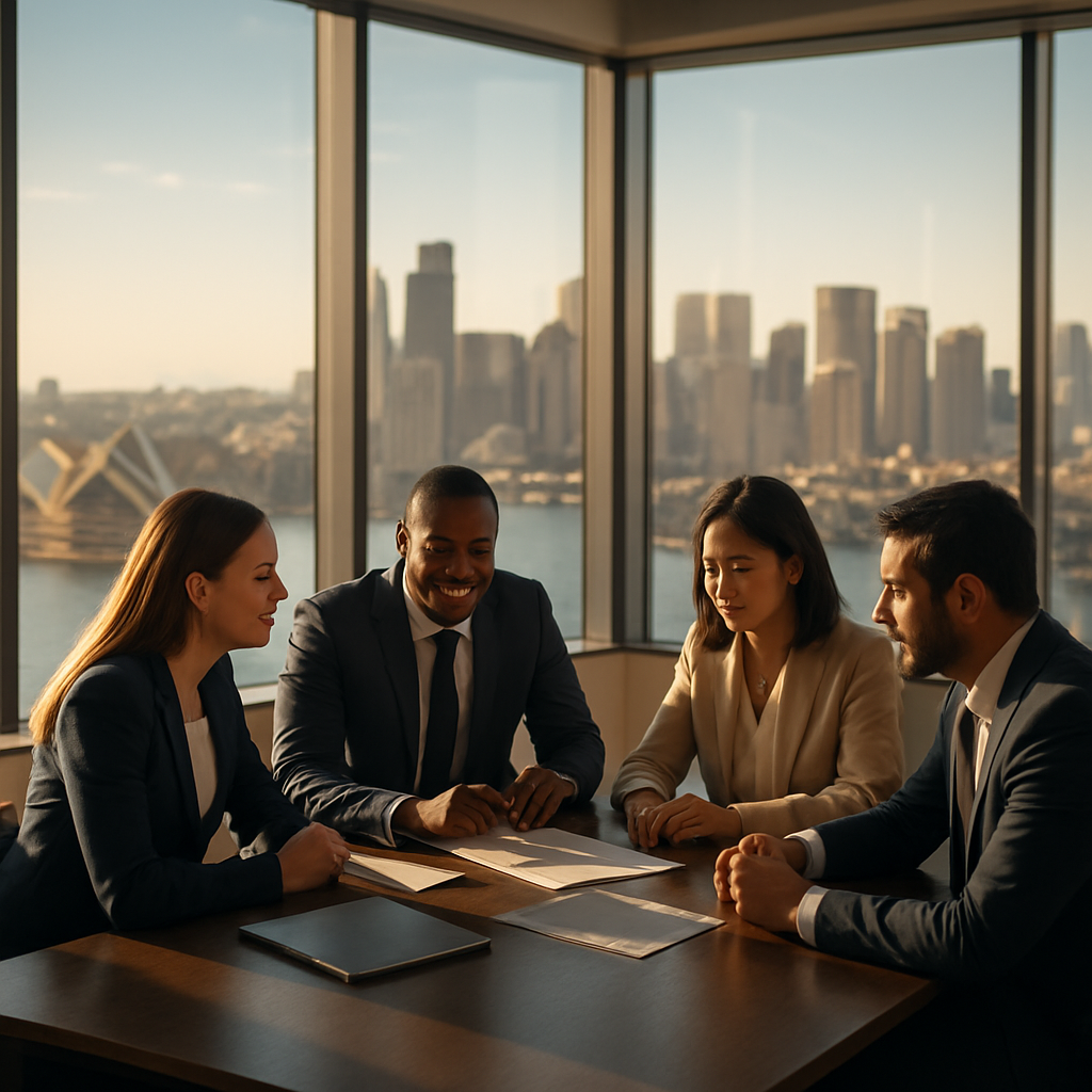 Business professionals collaborating in a modern Australian office overlooking the city skyline