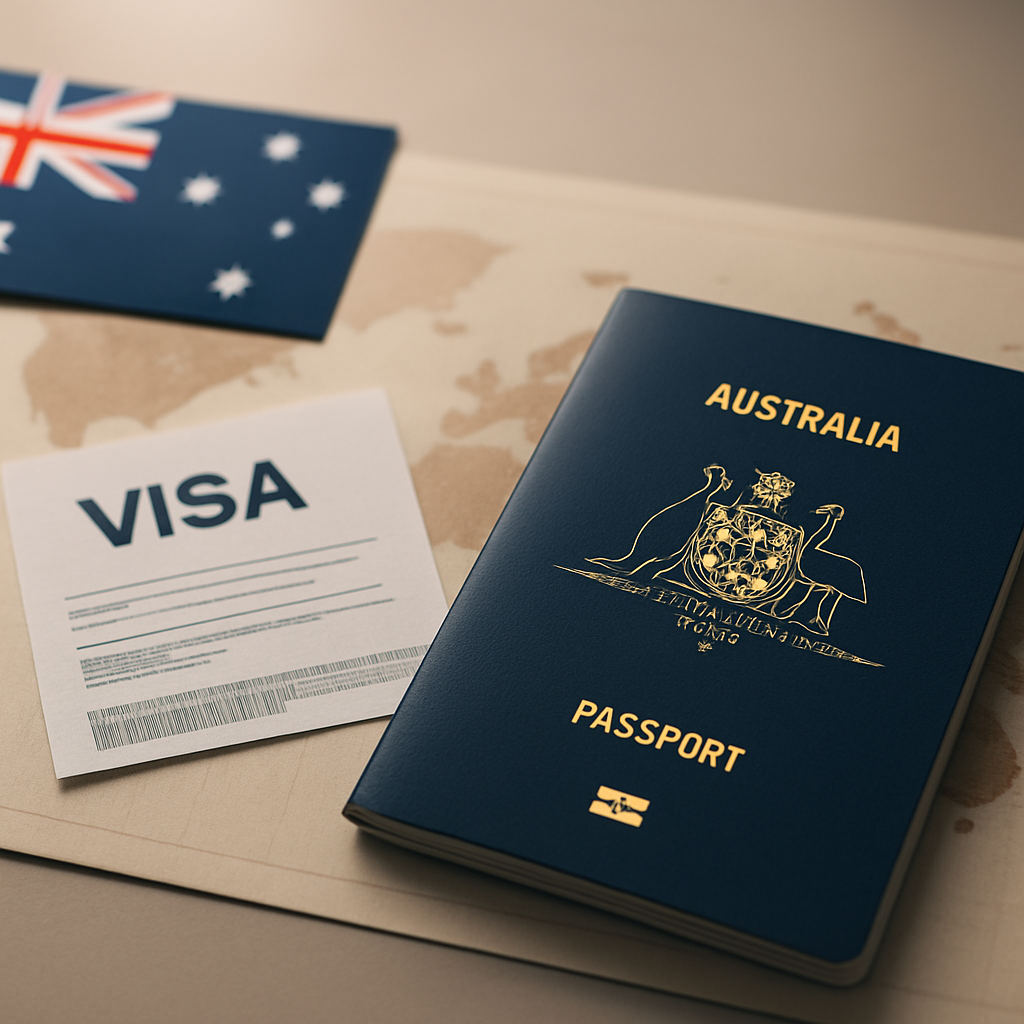 Australian passport and visa documents with a world map
